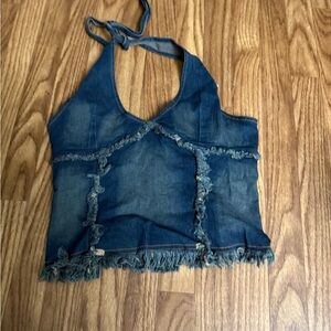 Just the girls Denim top Y2K Denim Halter Top with Fringe